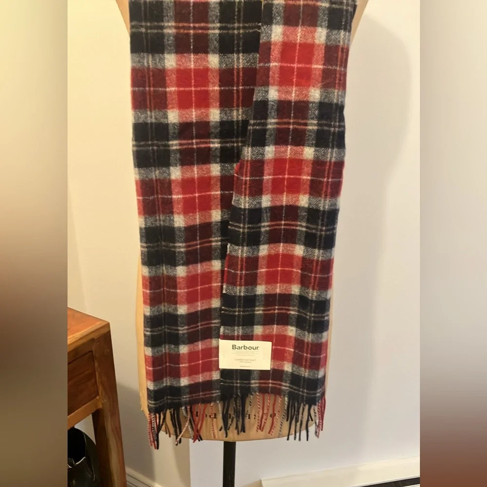 Barbour Red and Navy Plaid Tartan lambswool Fringe Scarf